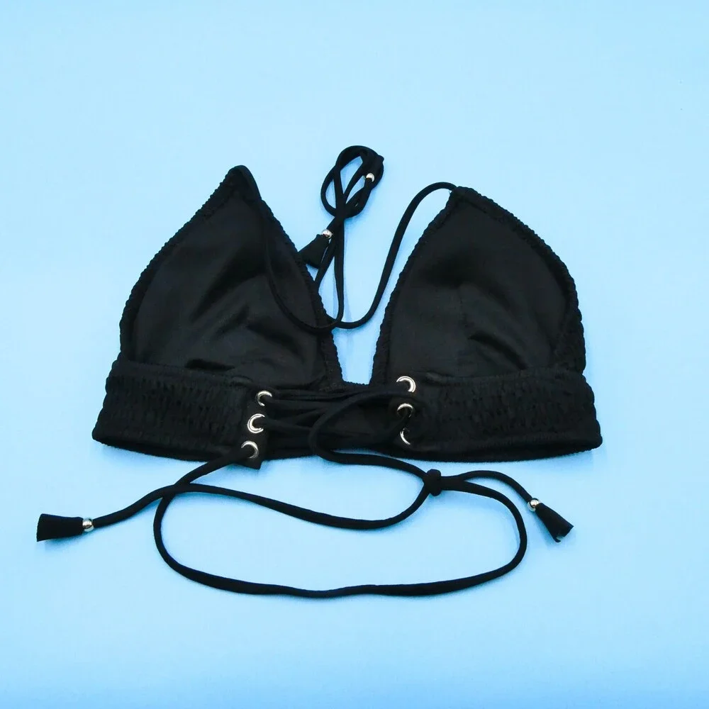 Victorias Secret Medium Black Triangle Halter Ruched Fabric Bikini Top Swimwear‎
